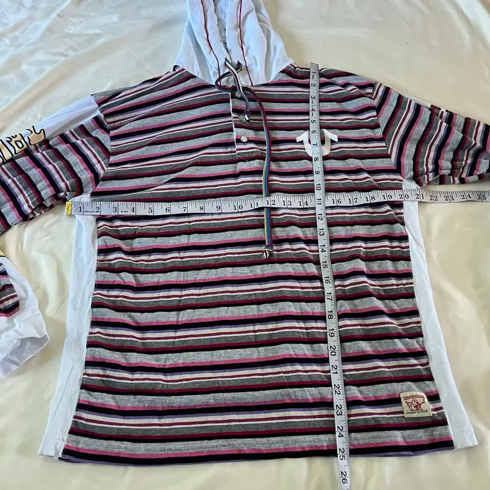 True Religion Buddha Logo Multi Color Stripe Hooded Shirt Sz L